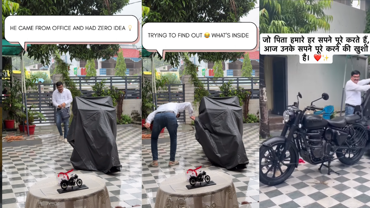 बारिश में पैदल काम से लौटे पिता, सामने खड़ी थी सपनों की बुलेट! बच्चों ने दिया ऐसा सरप्राइज कि भर आईं आंखें; Video Viral बारिश में पैदल काम से लौटे पिता, सामने खड़ी थी सपनों की बुलेट! बच्चों ने दिया ऐसा सरप्राइज कि भर आईं आंखें; Video Viral