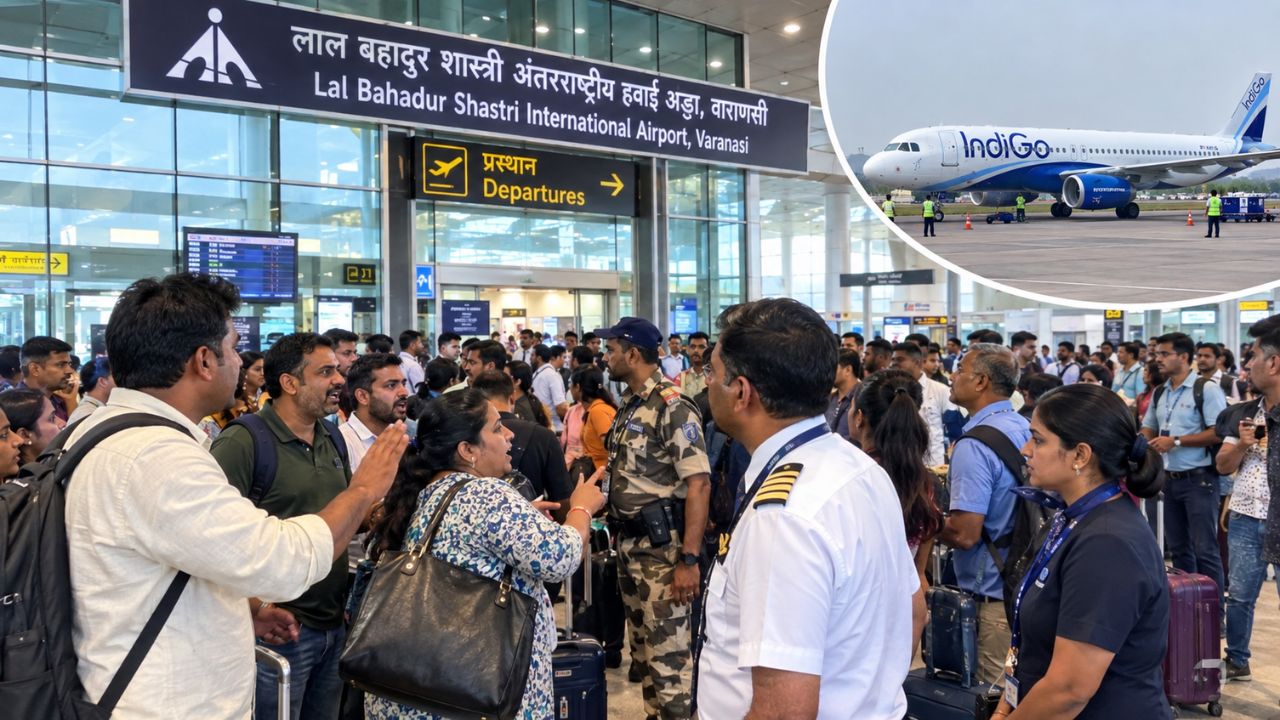 वाराणसी एयरपोर्ट पर हंगामा: पायलट का विमान उड़ाने से इनकार, यात्रियों का फूटा गुस्सा वाराणसी एयरपोर्ट पर हंगामा: पायलट का विमान उड़ाने से इनकार, यात्रियों का फूटा गुस्सा