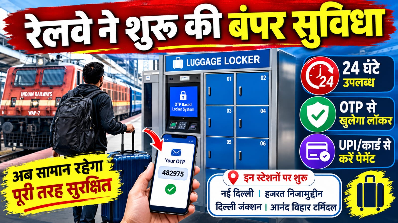 सामान चोरी होने की चिंता खत्म: इन रेलवे स्टेशनों पर 24 घंटे मिलेगी OTP वाले लॉकर की सुविधा; क्या होगा चार्ज और कैसे होगी बुकिंग? सामान चोरी होने की चिंता खत्म: इन रेलवे स्टेशनों पर 24 घंटे मिलेगी OTP वाले लॉकर की सुविधा; क्या होगा चार्ज और कैसे होगी बुकिंग?