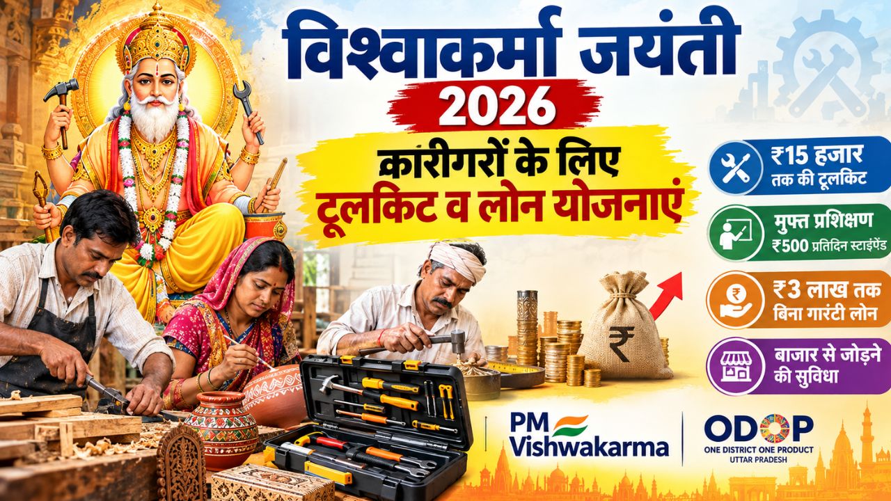 विश्वकर्मा जयंती 2026: कारीगरों के लिए टूलकिट से लेकर ₹3 लाख तक का लोन, जानें PM विश्वकर्मा और ODOP का पूरा गणित विश्वकर्मा जयंती 2026: कारीगरों के लिए टूलकिट से लेकर ₹3 लाख तक का लोन, जानें PM विश्वकर्मा और ODOP का पूरा गणित