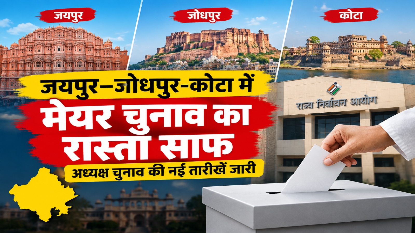 Rajasthan Mayor Election: जयपुर-जोधपुर-कोटा में मेयर चुनाव का रास्ता साफ, अध्यक्ष चुनाव की नई तारीखें जारी Rajasthan Mayor Election: जयपुर-जोधपुर-कोटा में मेयर चुनाव का रास्ता साफ, अध्यक्ष चुनाव की नई तारीखें जारी