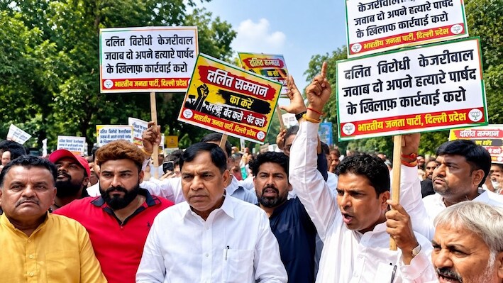Delhi में सफाईकर्मी की आत्महत्या पर BJP का AAP कार्यालय के बाहर प्रदर्शन, इस्तीफे की मांग