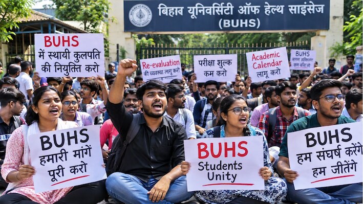BUHS अभ्यर्थियों का JDU कार्यालय के बाहर प्रदर्शन: 10 सूत्री मांगों को लेकर स्वास्थ्य मंत्री से मुलाकात की मांग पर अड़े