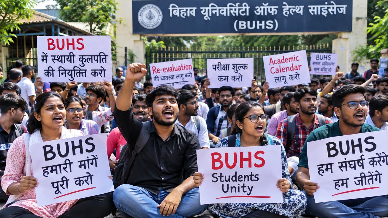 BUHS अभ्यर्थियों का JDU कार्यालय के बाहर प्रदर्शन: 10 सूत्री मांगों को लेकर स्वास्थ्य मंत्री से मुलाकात की मांग पर अड़े BUHS अभ्यर्थियों का JDU कार्यालय के बाहर प्रदर्शन: 10 सूत्री मांगों को लेकर स्वास्थ्य मंत्री से मुलाकात की मांग पर अड़े