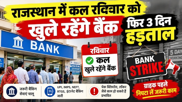 बैंक ग्राहकों के लिए बड़ी राहत: राजस्थान में कल रविवार को खुले रहेंगे बैंक, फिर 3 दिन हड़ताल