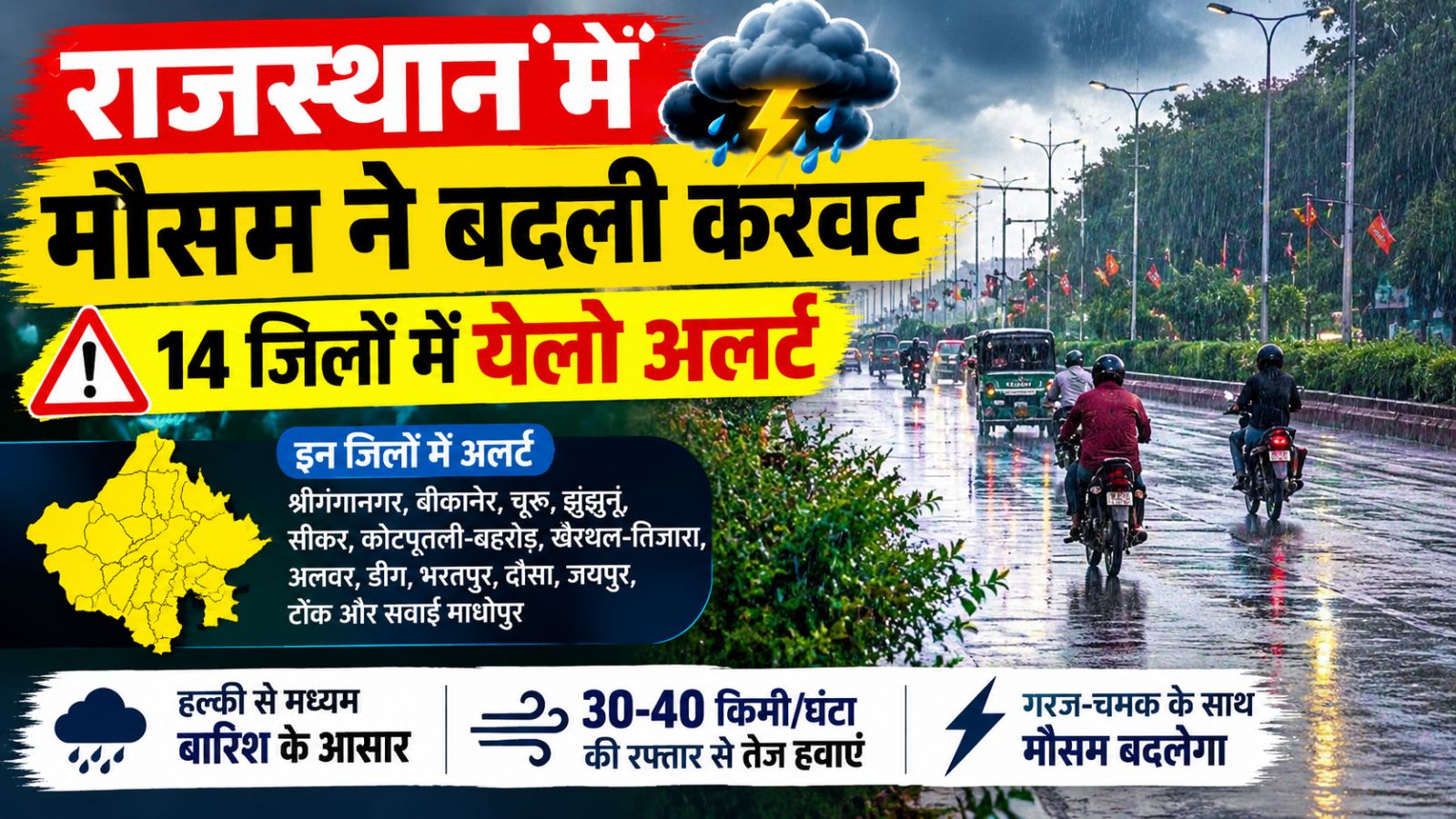 राजस्थान में बदला मौसम का मिजाज: 14 जिलों में बारिश का येलो अलर्ट, जानें Weather अपडेट राजस्थान में बदला मौसम का मिजाज: 14 जिलों में बारिश का येलो अलर्ट, जानें Weather अपडेट