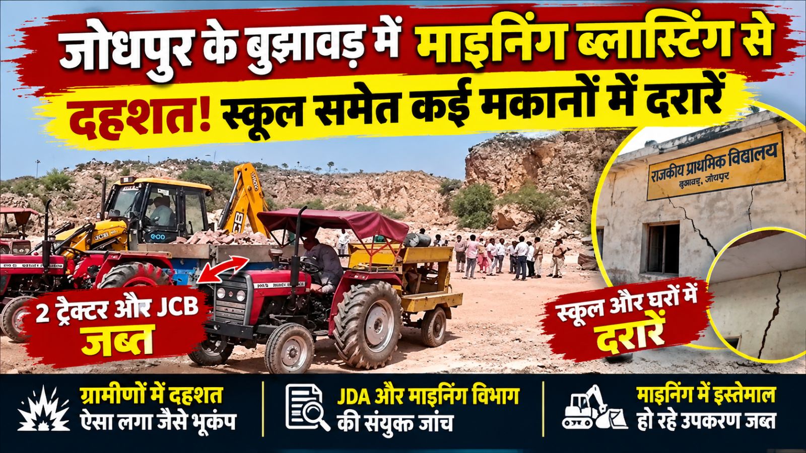जोधपुर में अवैध माइनिंग की ब्लास्टिंग से दहशत: सरकारी स्कूल समेत कई मकानों में आई दरारें, ग्रामीण बोले- ऐसा लगा जैसे भूकंप आ गया जोधपुर में अवैध माइनिंग की ब्लास्टिंग से दहशत: सरकारी स्कूल समेत कई मकानों में आई दरारें, ग्रामीण बोले- ऐसा लगा जैसे भूकंप आ गया
