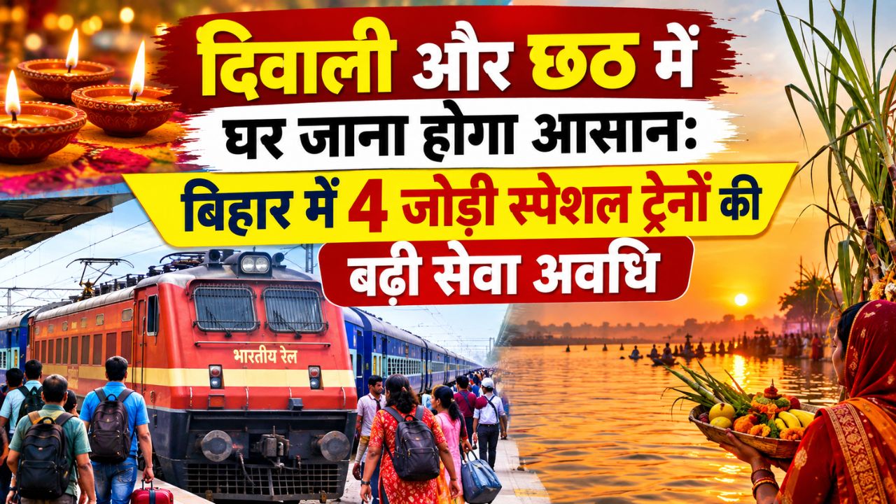 दिवाली और छठ में घर जाना होगा आसान: बिहार में 4 जोड़ी स्पेशल ट्रेनों की बढ़ी सेवा अवधि, देखे रूट और तारीख दिवाली और छठ में घर जाना होगा आसान: बिहार में 4 जोड़ी स्पेशल ट्रेनों की बढ़ी सेवा अवधि, देखे रूट और तारीख
