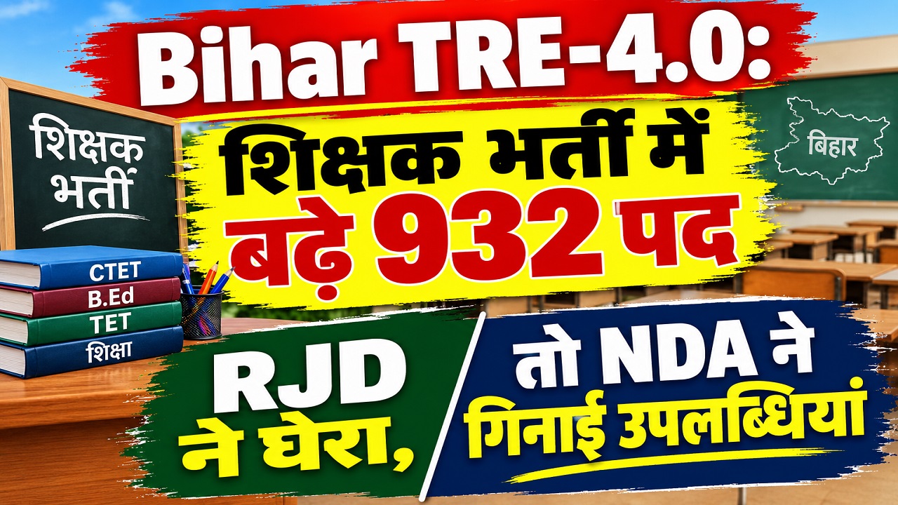 बिहार शिक्षक भर्ती TRE 4.0 में बढ़े 932 पद: सियासी घमासान तेज, RJD बोली- राजनीति कर रही सरकार, NDA ने गिनाईं उपलब्धियां बिहार शिक्षक भर्ती TRE 4.0 में बढ़े 932 पद: सियासी घमासान तेज, RJD बोली- राजनीति कर रही सरकार, NDA ने गिनाईं उपलब्धियां