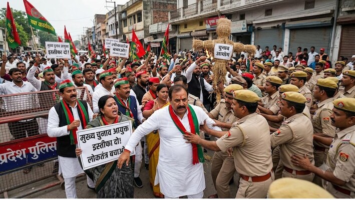 ज्ञानेश कुमार के खिलाफ सड़क पर उतरा विपक्ष: यूपी में 'वोट के अधिकार' पर सियासी घमासान, कई जिलों में सपा-कांग्रेस का प्रदर्शन