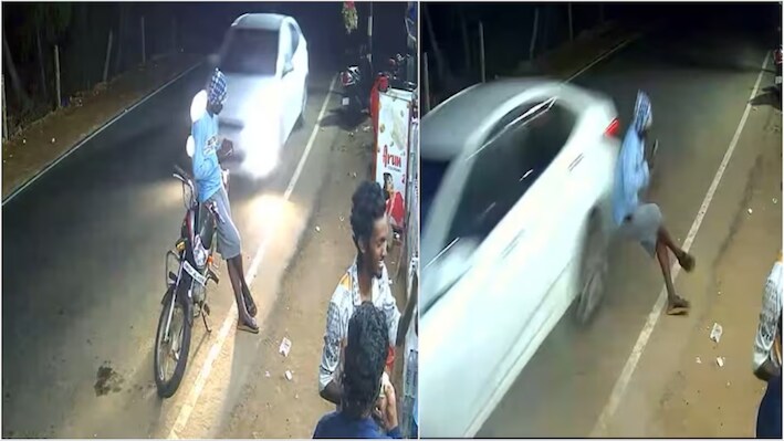 खड़ी बाइक पर बैठा था शख्स, तभी अचानक आई लग्जरी कार और हवा में उछला आदमी; CCTV वीडियो वायरल