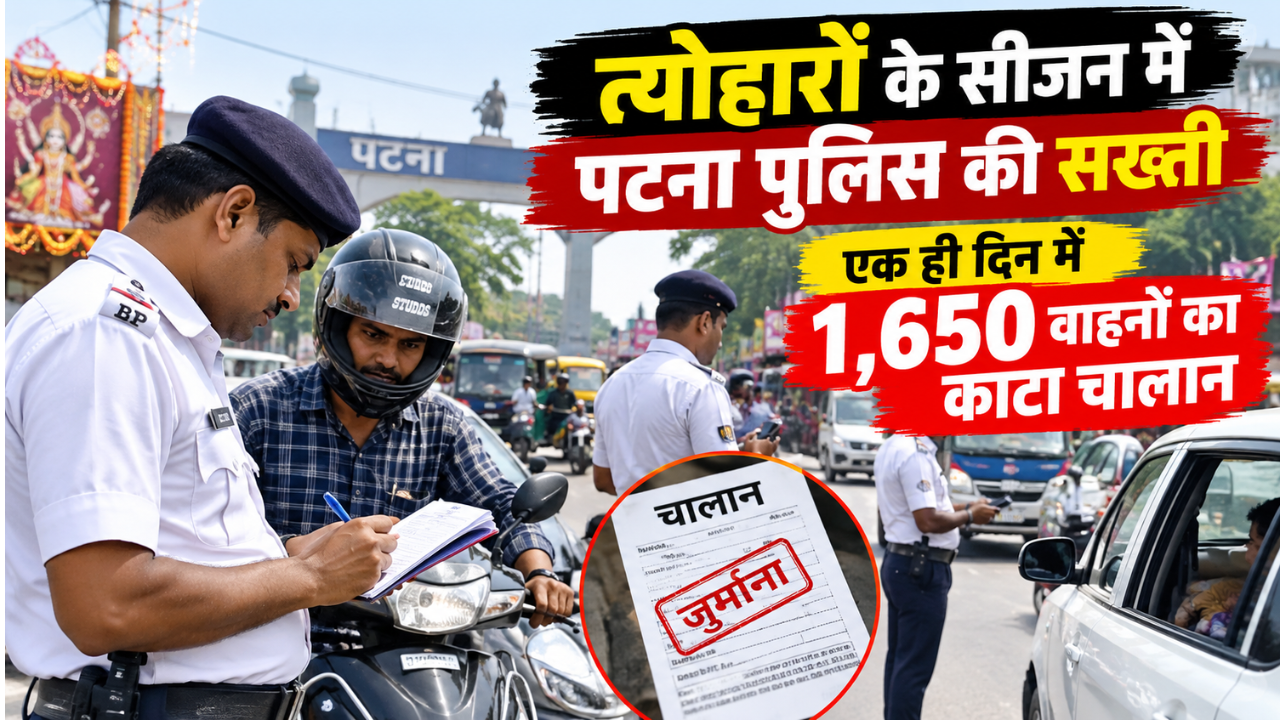 त्योहारों के सीजन में पटना पुलिस की सख्ती: एक ही दिन में 1,650 वाहनों का काटा चालान, 20 लाख से ज्यादा का लगा जुर्माना त्योहारों के सीजन में पटना पुलिस की सख्ती: एक ही दिन में 1,650 वाहनों का काटा चालान, 20 लाख से ज्यादा का लगा जुर्माना