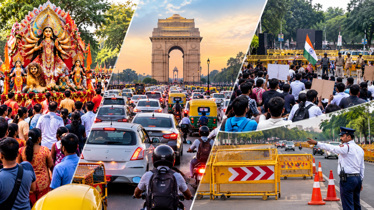 Delhi में त्योहार, प्रदर्शन और ट्रैफिक पाबंदियां: आम लोगों पर कितना असर? Delhi में त्योहार, प्रदर्शन और ट्रैफिक पाबंदियां: आम लोगों पर कितना असर?