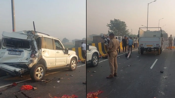 प्रयागराज में दर्दनाक सड़क हादसा: ट्रक की टक्कर से आधी पिचकी स्कॉर्पियो, चार श्रद्धालुओं की मौत; कई घायल