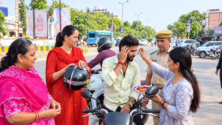 झुंझुनूं महिलाओं की नवरात्र में अनोखी पहल: डांडिया छोड़ सड़कों पर उतरी, बिना हेलमेट वालों को रोककर राखी बांधकर दिया हेलमेट