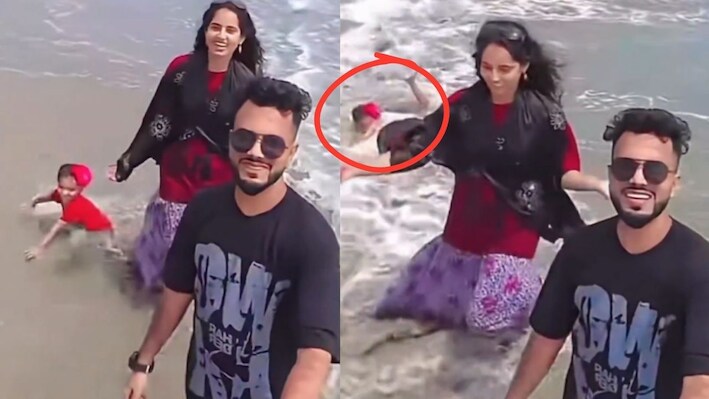 Video: समंदर किनारे वीडियो बनाने में बिजी था कपल, पानी में डूबने लगी बच्ची; अजनबी ने आकर बचाया