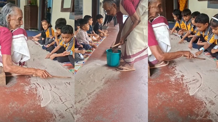 न कॉपी-किताब, न पेन का खर्च: जमीन पर रेत बिछाकर डंडी से बच्चों को पढ़ाती हैं केरल की दादी; वायरल क्लास ने जीता करोड़ों का दिल