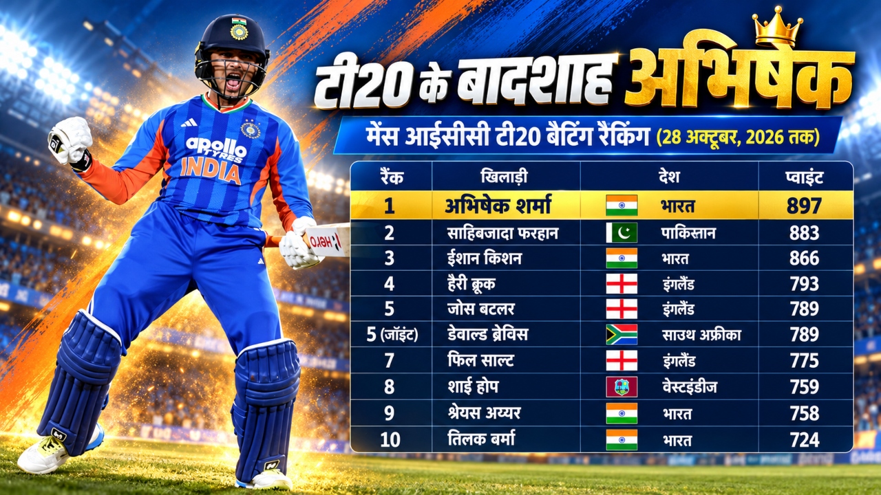 आईसीसी टी20 रैंकिंग: 35 गेंदों में शतक ठोक फिर नंबर-1 बने अभिषेक शर्मा, ईशान किशन को पीछे छोड़ा; श्रेयस अय्यर को नुकसान आईसीसी टी20 रैंकिंग: 35 गेंदों में शतक ठोक फिर नंबर-1 बने अभिषेक शर्मा, ईशान किशन को पीछे छोड़ा; श्रेयस अय्यर को नुकसान