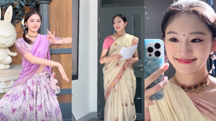 चीनी लड़की पर चढ़ा भारतीय रंग: साड़ी पहनकर बीजिंग यूनिवर्सिटी में पढ़ाया इंडियन आर्ट का पाठ; VIDEO वायरल