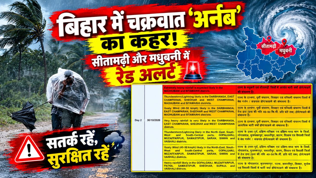 बिहार में चक्रवात 'अर्नब' का कहर! सीतामढ़ी और मधुबनी में रेड अलर्ट, तो बाकि जिलों में भारी बारिश और तूफान की चेतावनी बिहार में चक्रवात 'अर्नब' का कहर! सीतामढ़ी और मधुबनी में रेड अलर्ट, तो बाकि जिलों में भारी बारिश और तूफान की चेतावनी